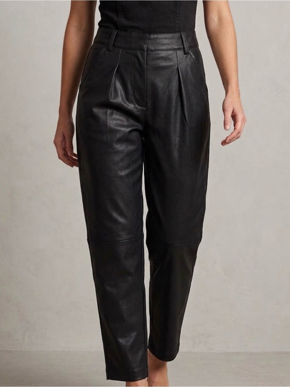 Topshop Black Faux Leather Ankle-Length Pleated Pants